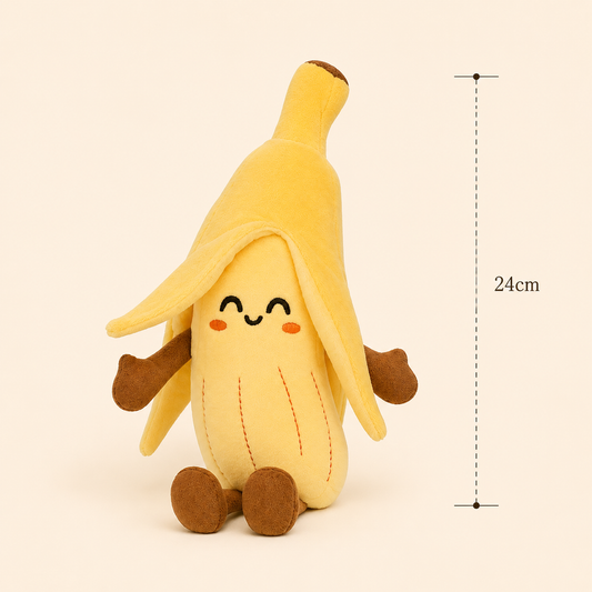 A cute plush toy shaped like a smiling banana with its peel partially peeled back, shown on a plain light beige background with a vertical measurement marker indicating 24 cm height.