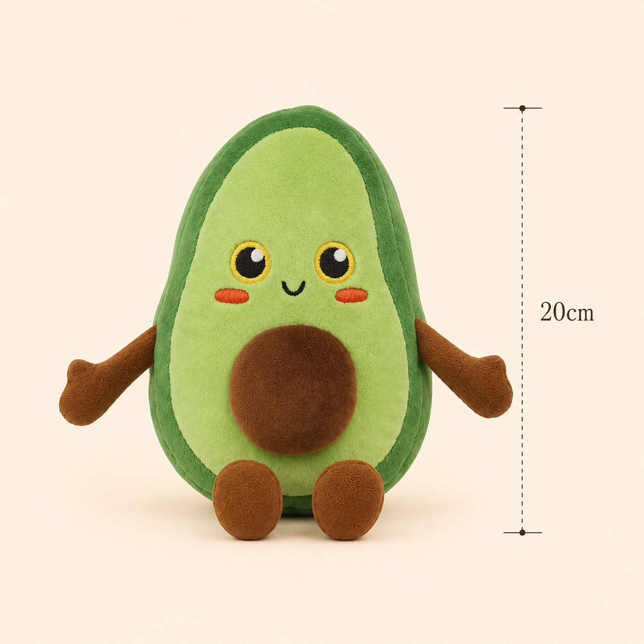 Avocado Besitos plush toy with 20cm measurement guide on a soft cream background Plushies South Africa