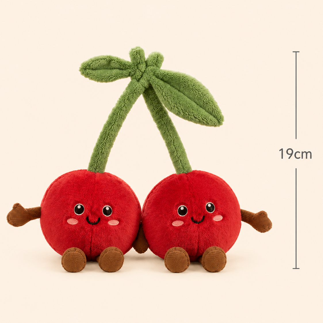 Cherries Besitos plush toy duo with 19cm measurement guide on a soft cream background Plushies South Africa