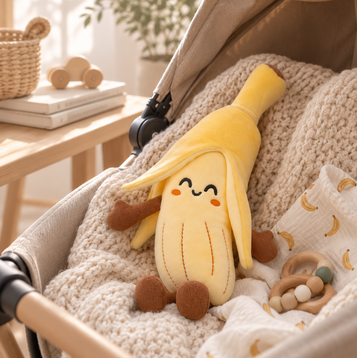 A yellow Besitos banana-shaped plush toy with a smiling face and brown feet resting on a cream knit blanket inside a stroller, with baby accessories nearby. Plushies ZA