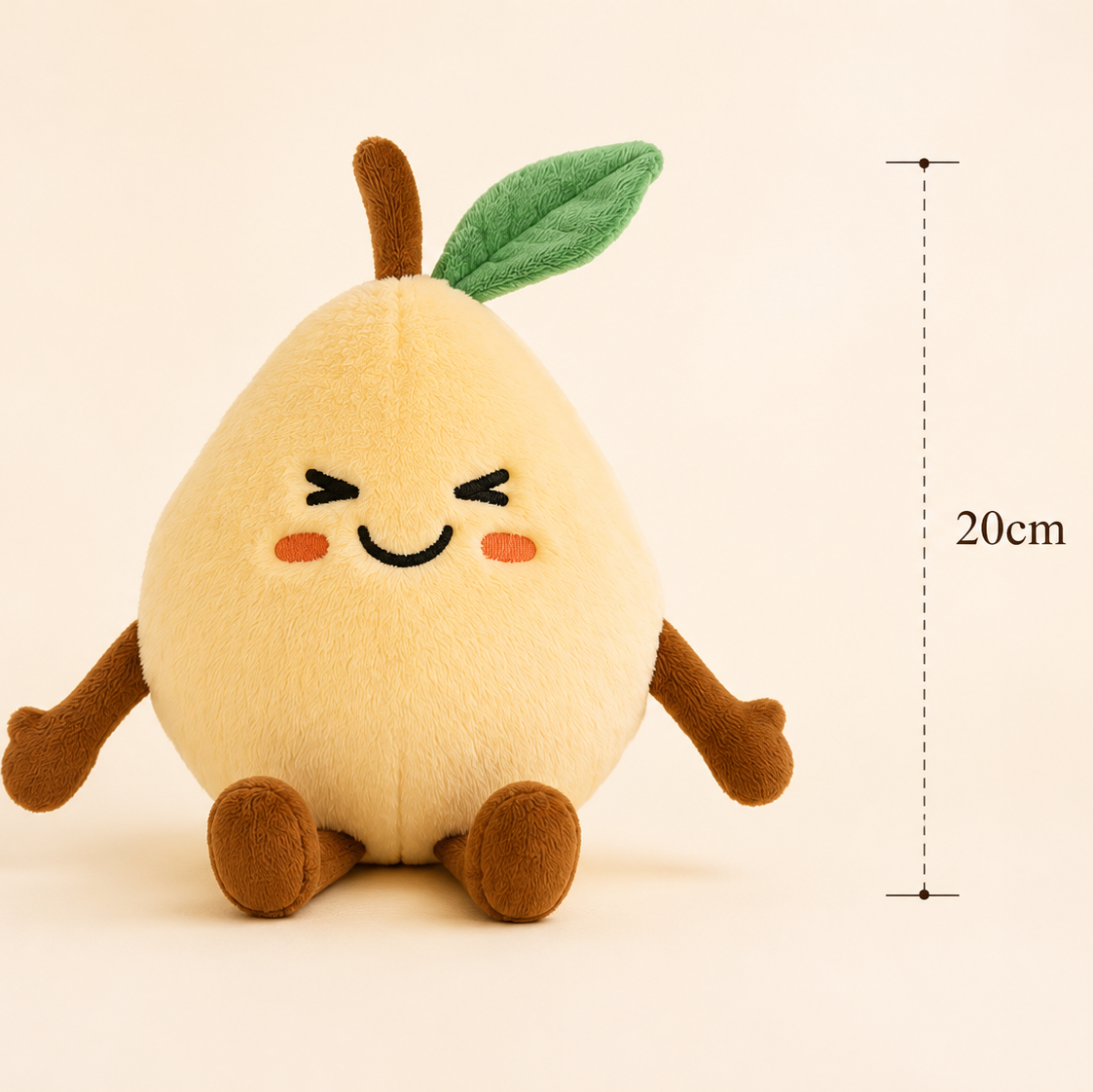 Besitos Lemon plush toy measuring 20cm on a soft cream background showing the size of the cuddly fruit plush companion.