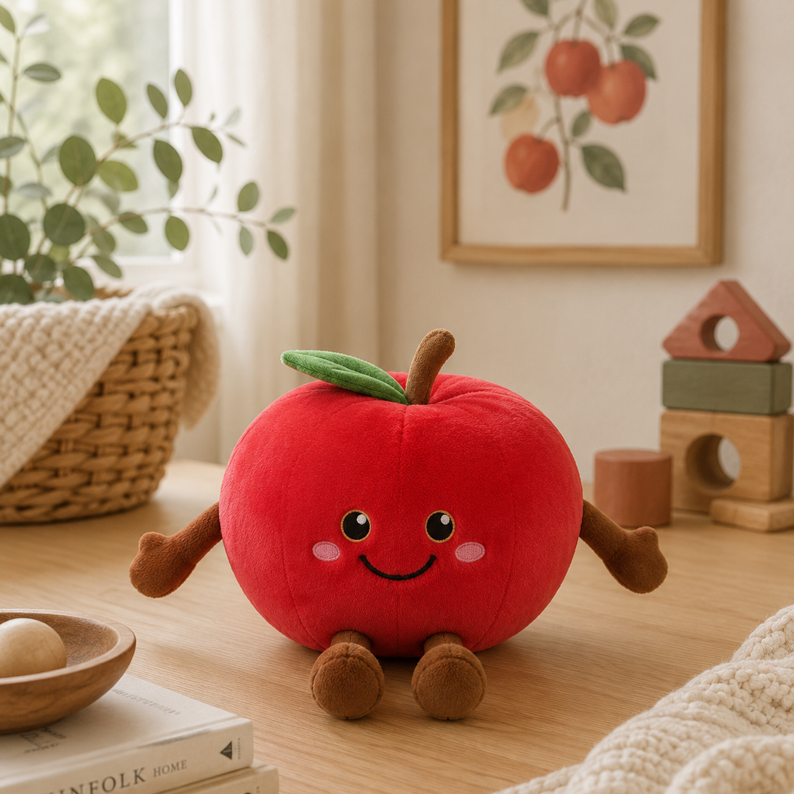 Apple Besitos plush fruit sitting in a cosy Scandinavian-inspired nursery with soft neutral décor and warm natural light  Plushies South Africa
