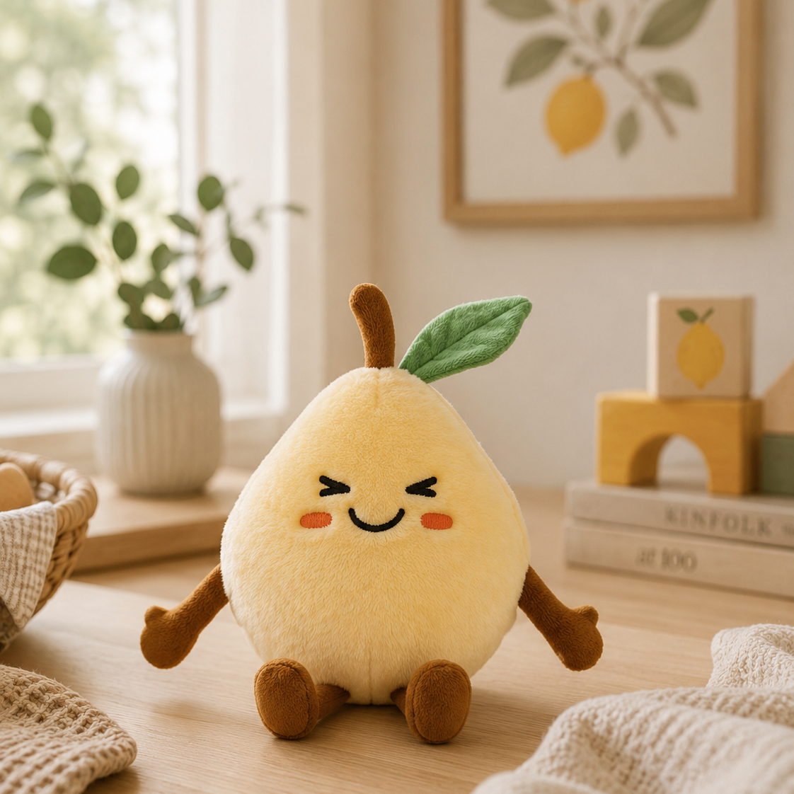 Besitos Lemon plush toy sitting on a wooden table in a warm neutral nursery with Scandinavian décor and soft natural light.