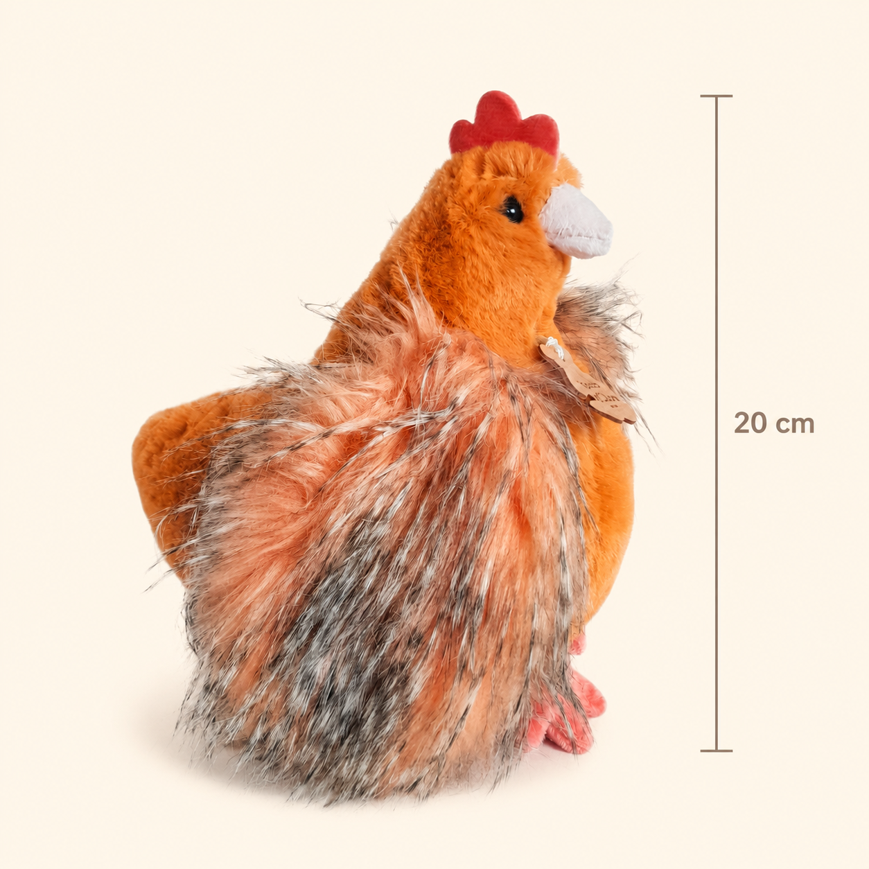 A plush chicken toy shown on a light beige background with a vertical measurement marker indicating 20 cm height.
