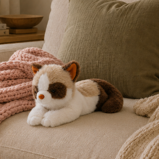 A plush stuffed cat toy with white, brown, and black patches lies on a beige sofa in a cozy living room setting, surrounded by a pink knit throw blanket, a green pillow, and a wooden coffee table.