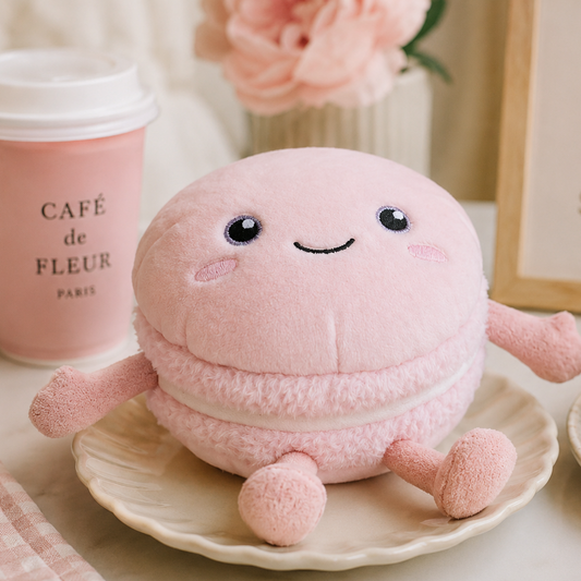 A cute pink plush toy shaped like a macaron with a smiling face, sitting on a small plate. The scene is styled with a pink coffee cup reading 'Café de Fleur Paris', a framed sign that says 'Life is Sweet', and pastel macarons on a marble surface.