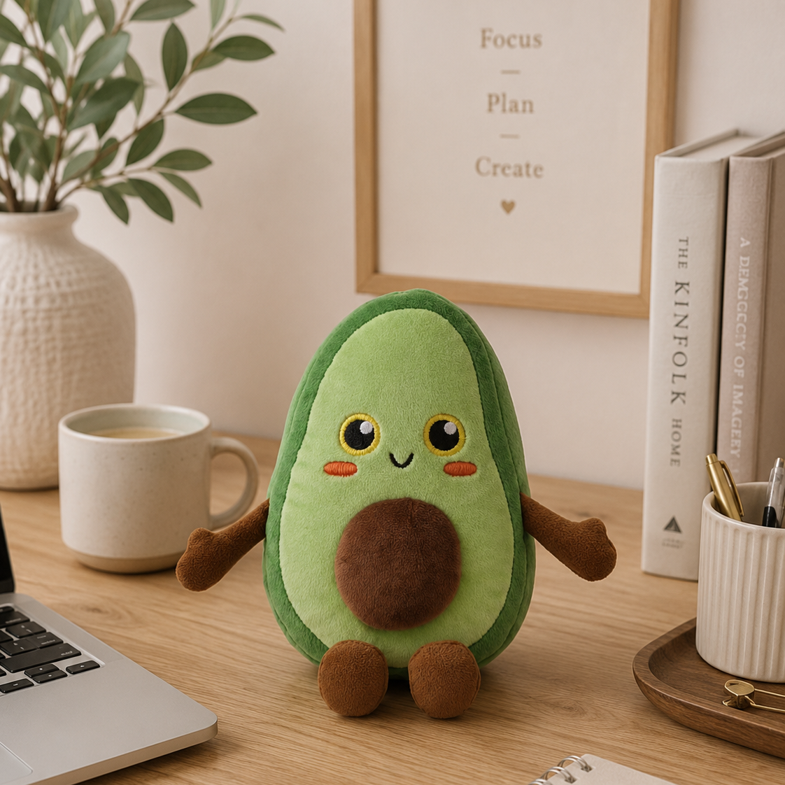 Avocado Besitos plush toy sitting on an oak desk in a cosy Scandinavian-inspired home office with warm neutral décor Plushies South Africa
