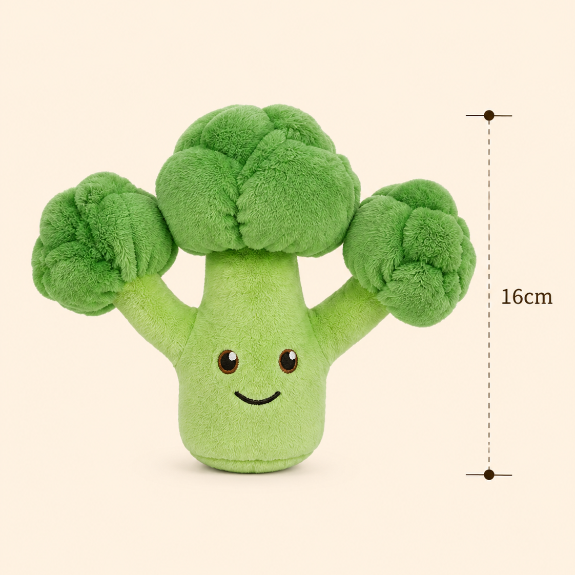 Broccoli Besitos plush toy with 16cm measurement guide on a soft cream background | Plushies South Africa