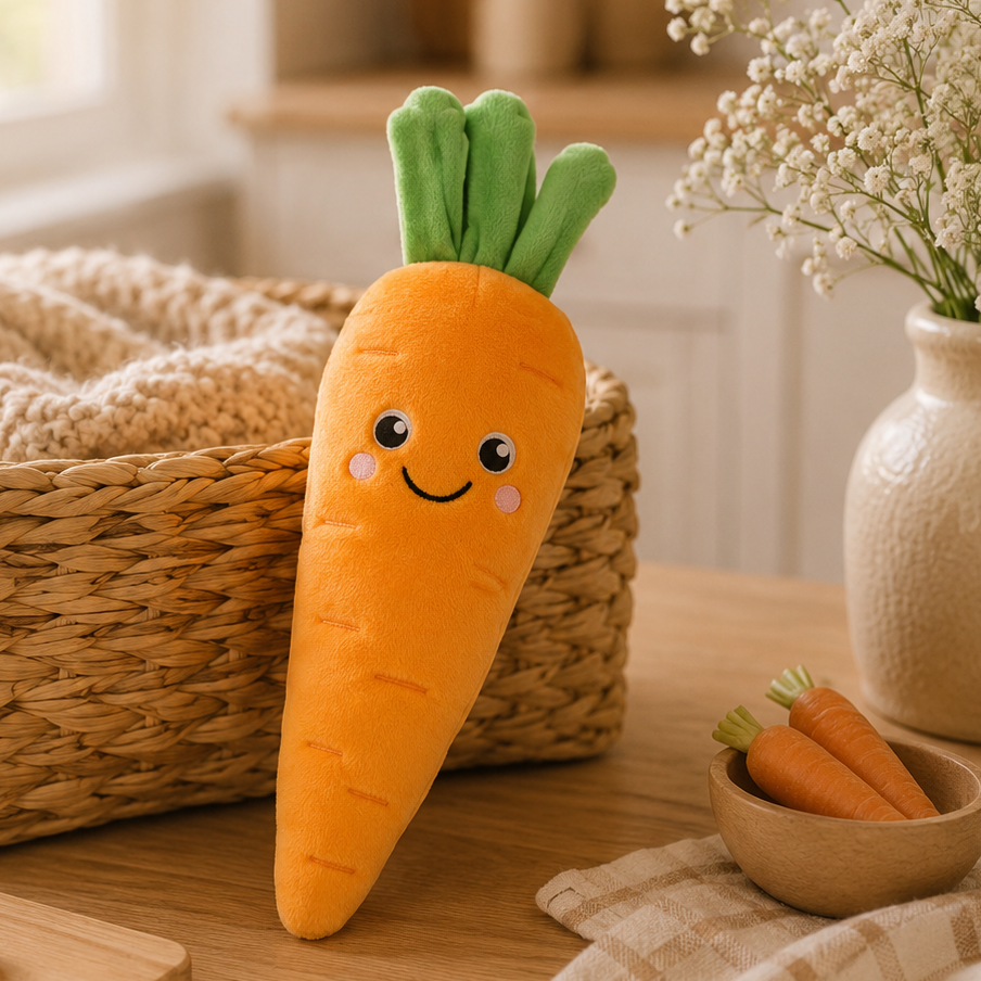 Carrot Besitos plush toy displayed on an oak kitchen table beside a woven basket in a warm Scandinavian-inspired home Plushies South Africa