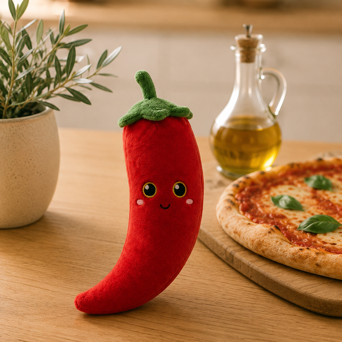 Chilli Besitos plush toy displayed on an oak kitchen table beside pizza, olive oil and natural décor in a warm Scandinavian-inspired home Plushies South Africa