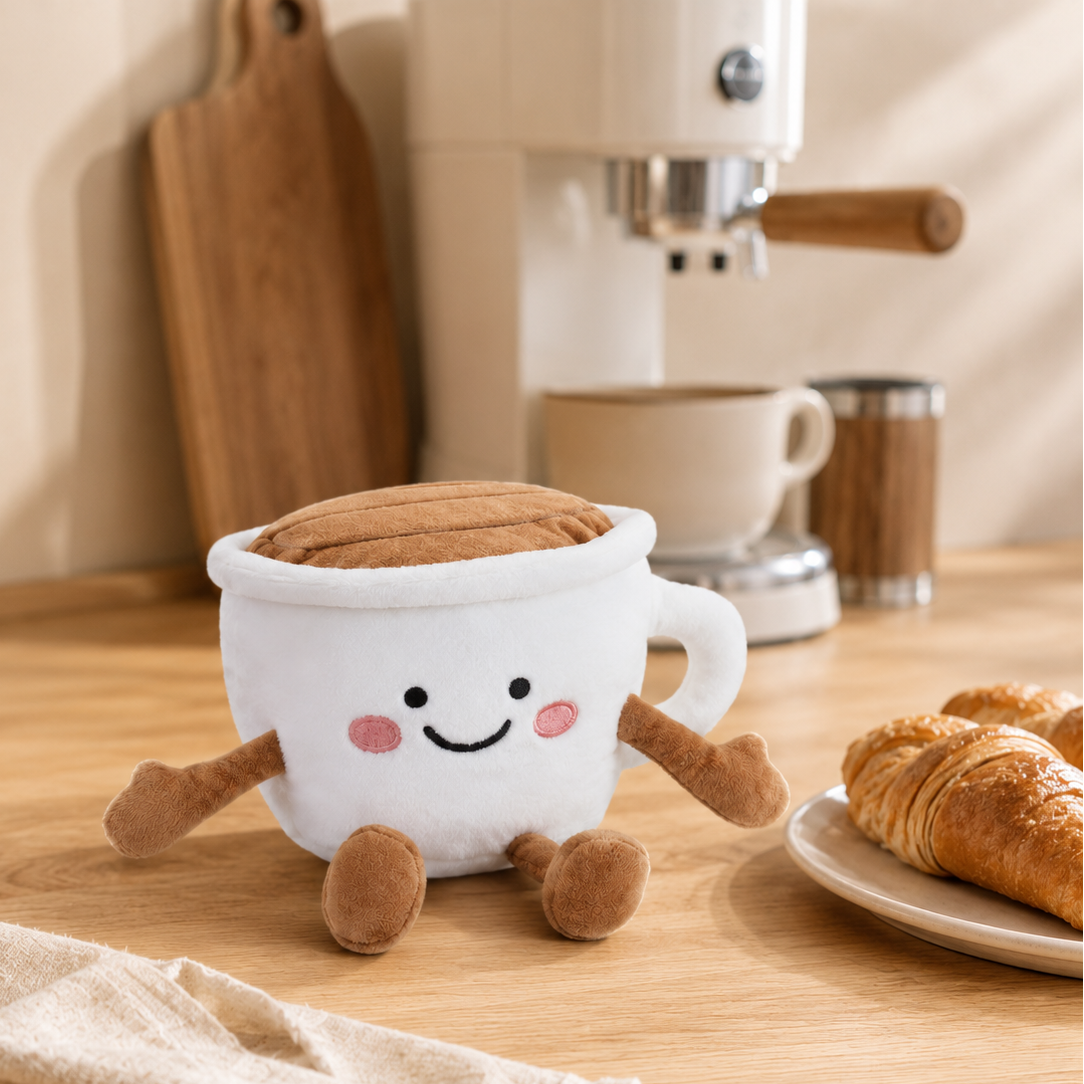 Chocolate Cup Besitos plush toy displayed on an oak kitchen counter beside pastries and a coffee machine in a warm café-inspired setting Plushies South Africa