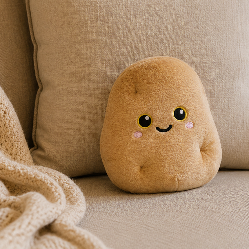 Potato Besitos plush toy sitting on a cosy sofa with a soft linen cushion and knitted throw in a warm Scandinavian-inspired living room Plushies South Africa