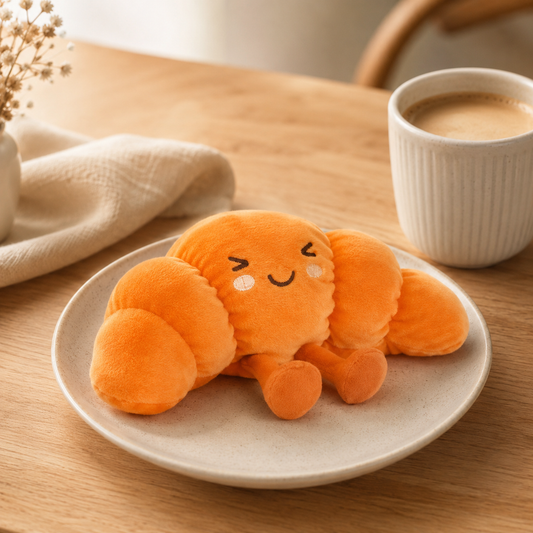 Croissant Besitos plush toy displayed on a ceramic plate beside a warm drink in a softly lit breakfast setting Plushies South Africa