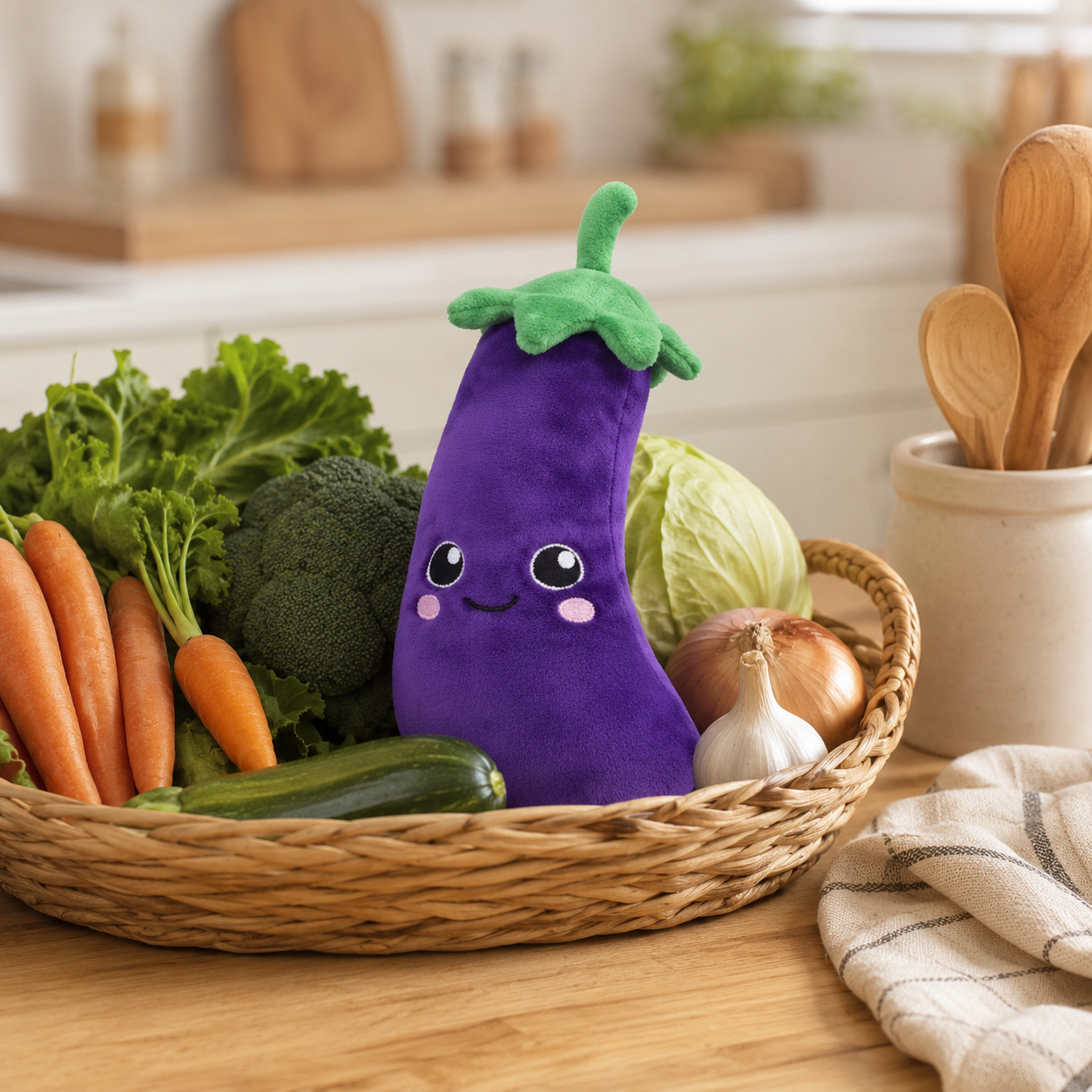 Eggplant Besitos plush toy displayed in a woven vegetable basket with fresh produce on a warm wooden kitchen countertop Plushies South Africa
