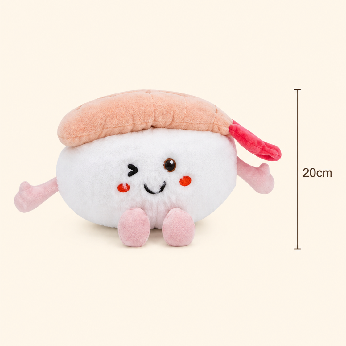 Flame Shrimp Sushi Besitos plush toy with 20cm measurement guide on a soft cream background Plushies South Africa
