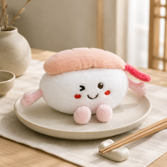 Flame Shrimp Sushi Besitos plush toy displayed on a ceramic plate with chopsticks in a softly styled neutral dining setting Plushies South Africa