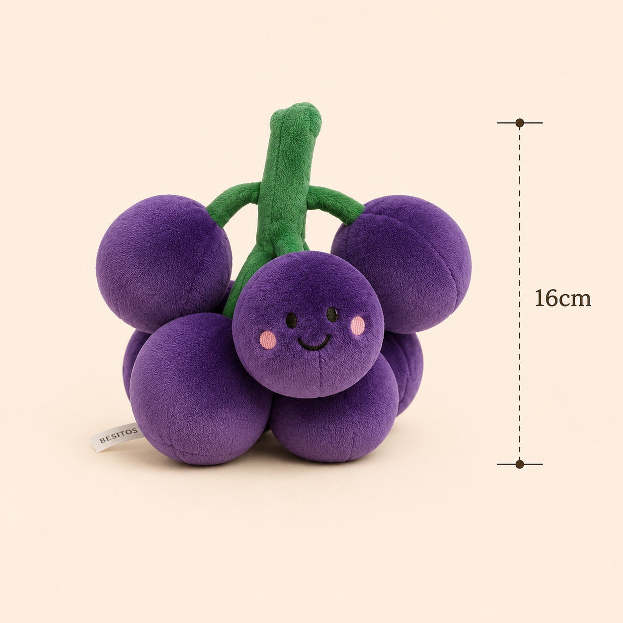 Grape Besitos plush toy with 16cm measurement guide on a soft cream background | Plushies South Africa
