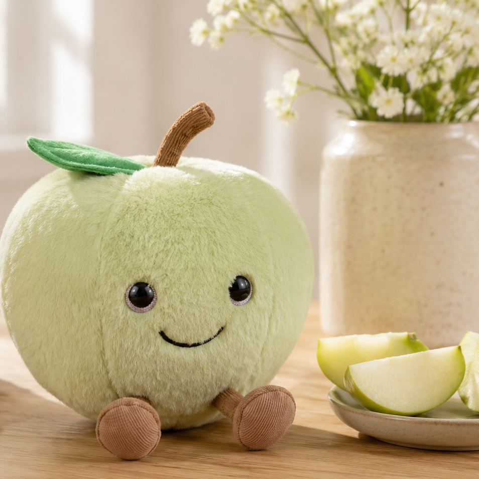 Green Apple Besitos plush toy displayed on an oak kitchen table beside fresh green apples in a bright Scandinavian-inspired kitchen Plushies South Africa