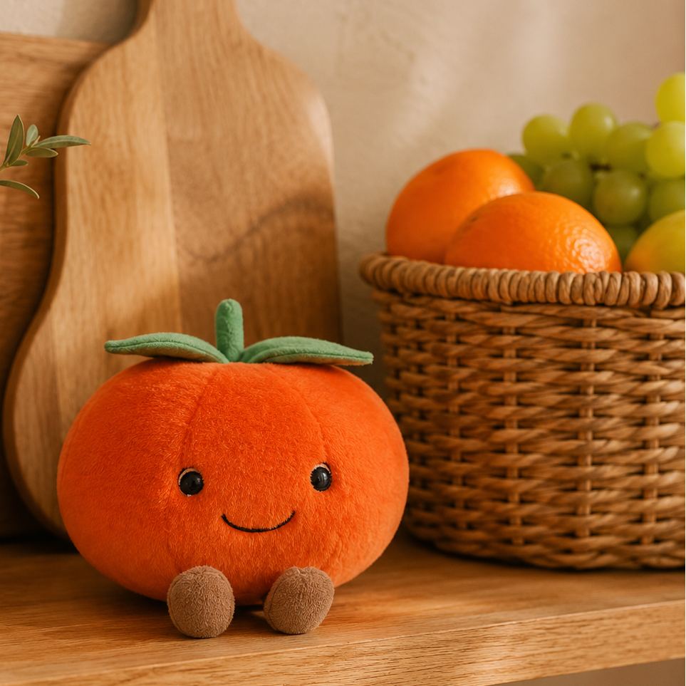 Tangerine Naartjie Besitos plush toy displayed on an oak kitchen shelf beside a woven fruit basket in a warm Scandinavian-inspired home Plushies South Africa