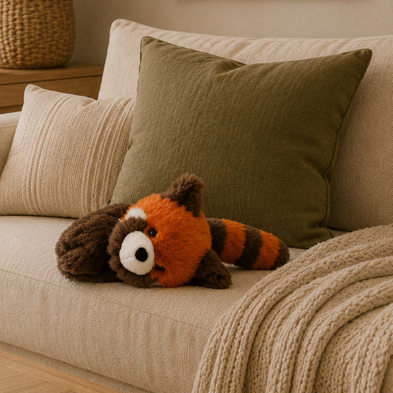 One Love Snuggles Rusty red panda plush toy resting on a neutral cream sofa