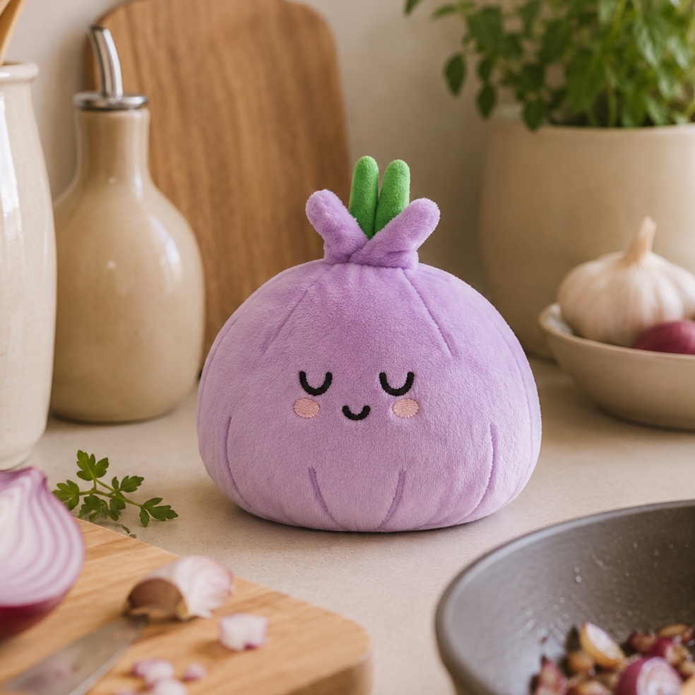 Onion Besitos plush toy displayed on a warm kitchen countertop beside fresh ingredients and cookware in a Scandinavian-inspired kitchen Plushies South Africa