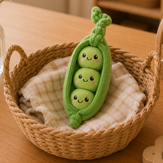 Pea Pod Besitos plush toy displayed in a woven basket on an oak table in a warm Scandinavian-inspired home with soft natural décor Plushies South Africa