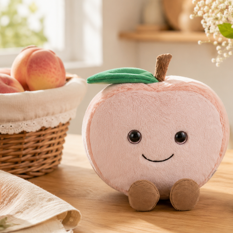 Peach Besitos plush toy displayed on an oak kitchen table beside fresh peaches in a warm Scandinavian-inspired kitchen Plushies South Africa
