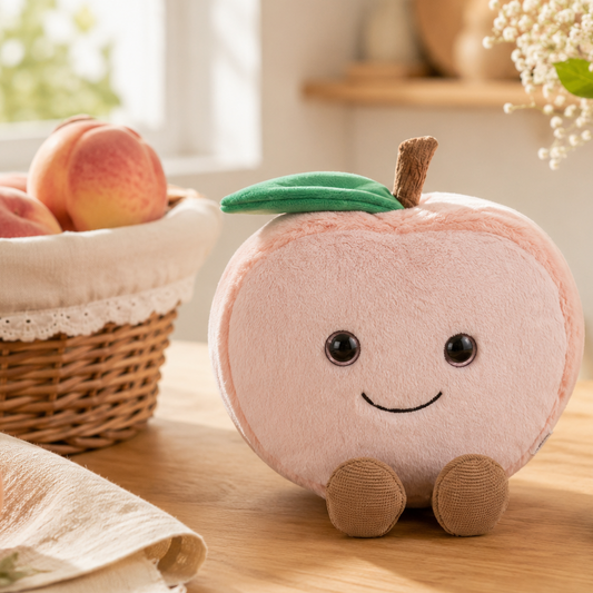 Peach Besitos plush toy displayed on an oak kitchen table beside fresh peaches in a warm Scandinavian-inspired kitchen Plushies South Africa