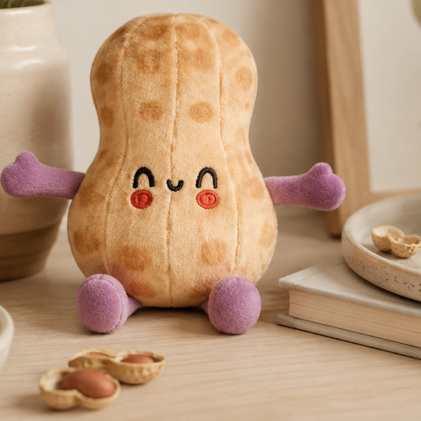 Peanut Besitos plush toy displayed on an oak kitchen table beside peanuts and neutral ceramic décor in a warm, softly styled home Plushies South Africa