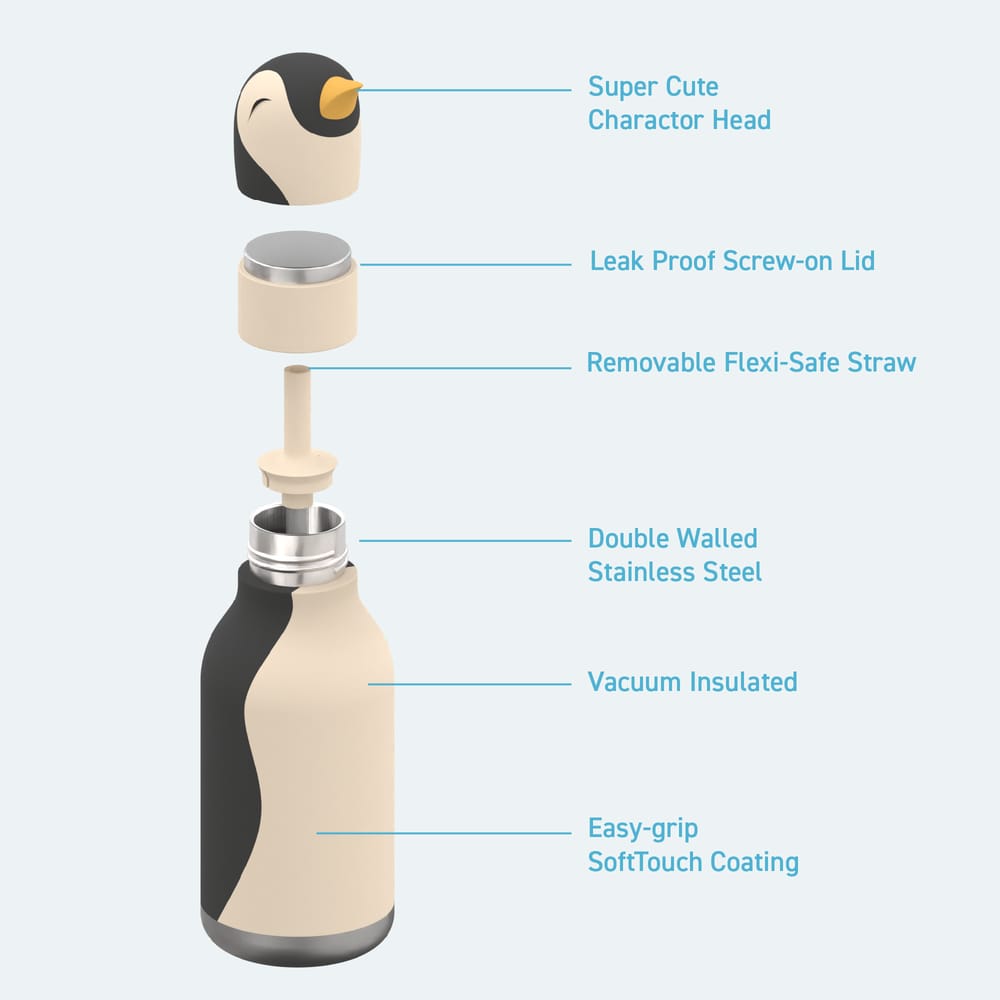 Asobu Penguin Bestie water bottle black white silicone penguin head stainless steel South Africa