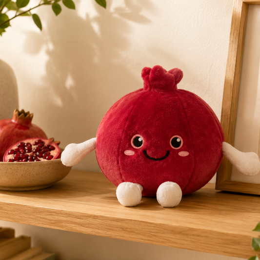 Pomegranate Besitos plush toy displayed on a wooden shelf beside real pomegranates, botanical artwork and natural décor in a warm Scandinavian-inspired home Plushies South Africa