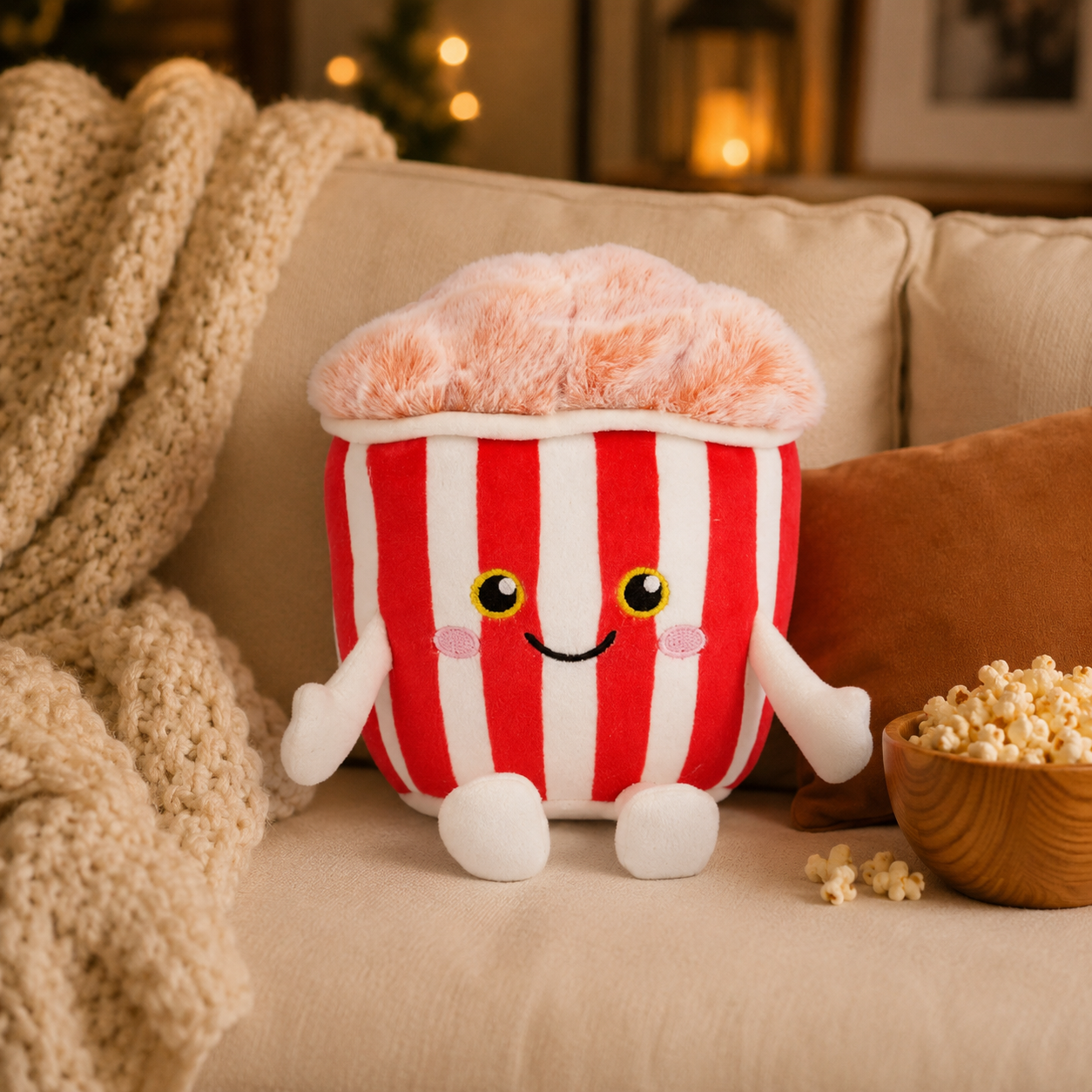 Popcorn Besitos plush toy sitting on a cosy couch beside a bowl of popcorn and a movie-night lightbox in a warm living room Plushies South Africa