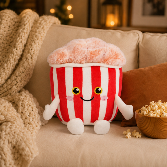 Popcorn Besitos plush toy sitting on a cosy couch beside a bowl of popcorn and a movie-night lightbox in a warm living room Plushies South Africa