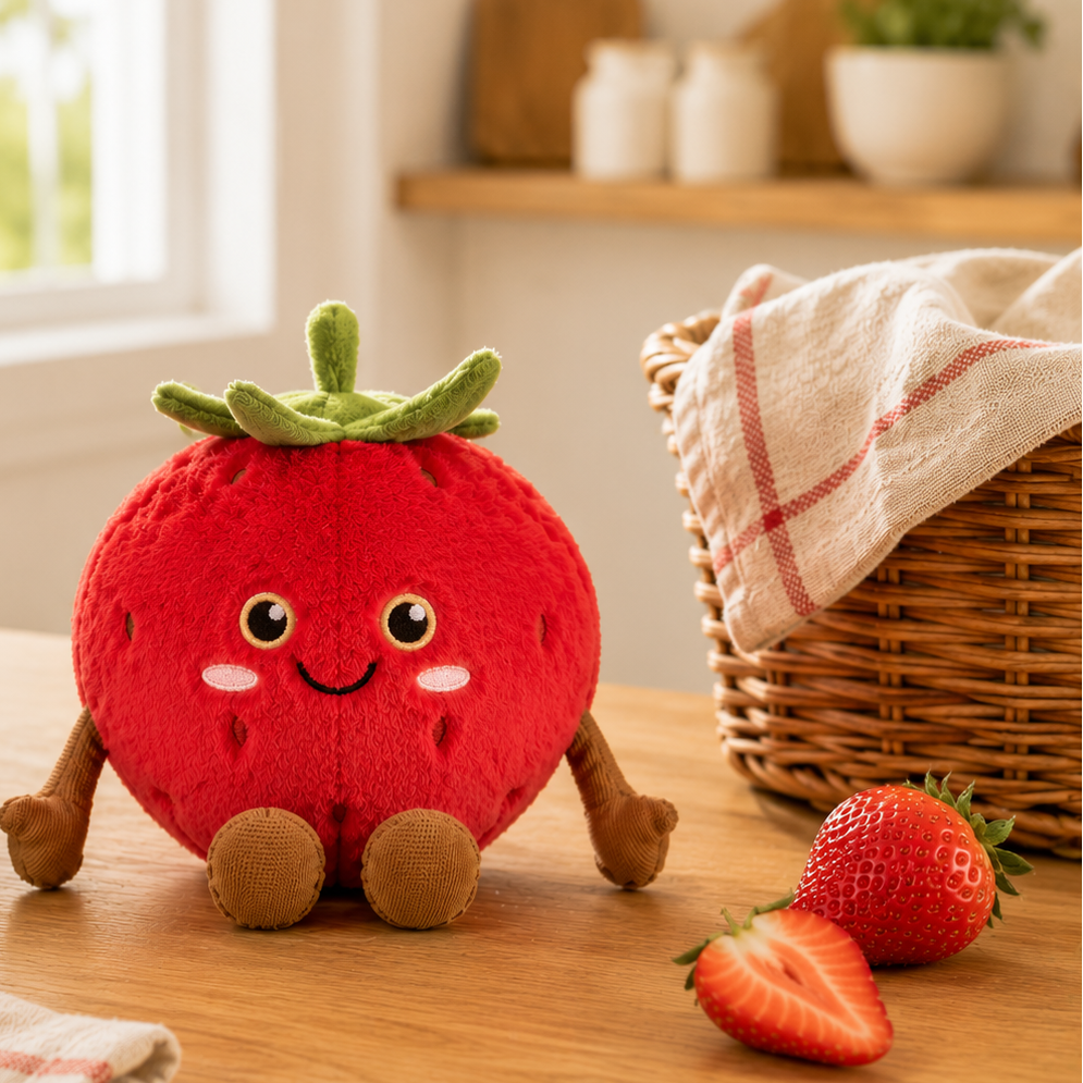 Strawberry Besitos plush toy displayed on an oak kitchen table beside fresh strawberries in a warm Scandinavian-inspired kitchen Plushies South Africa