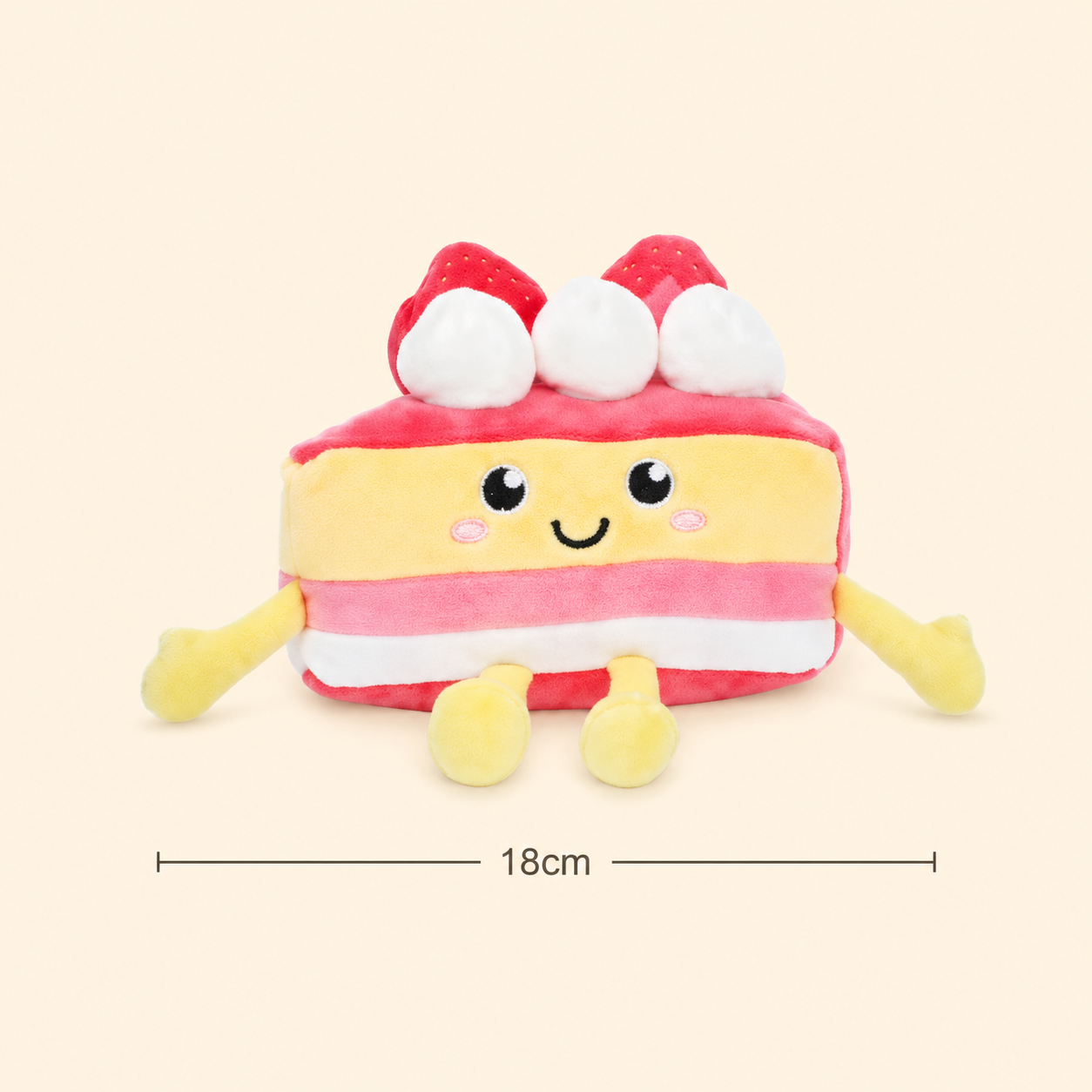 Strawberry Cake Besitos plush toy with horizontal 18cm width measurement guide on a soft cream background Plushies South Africa
