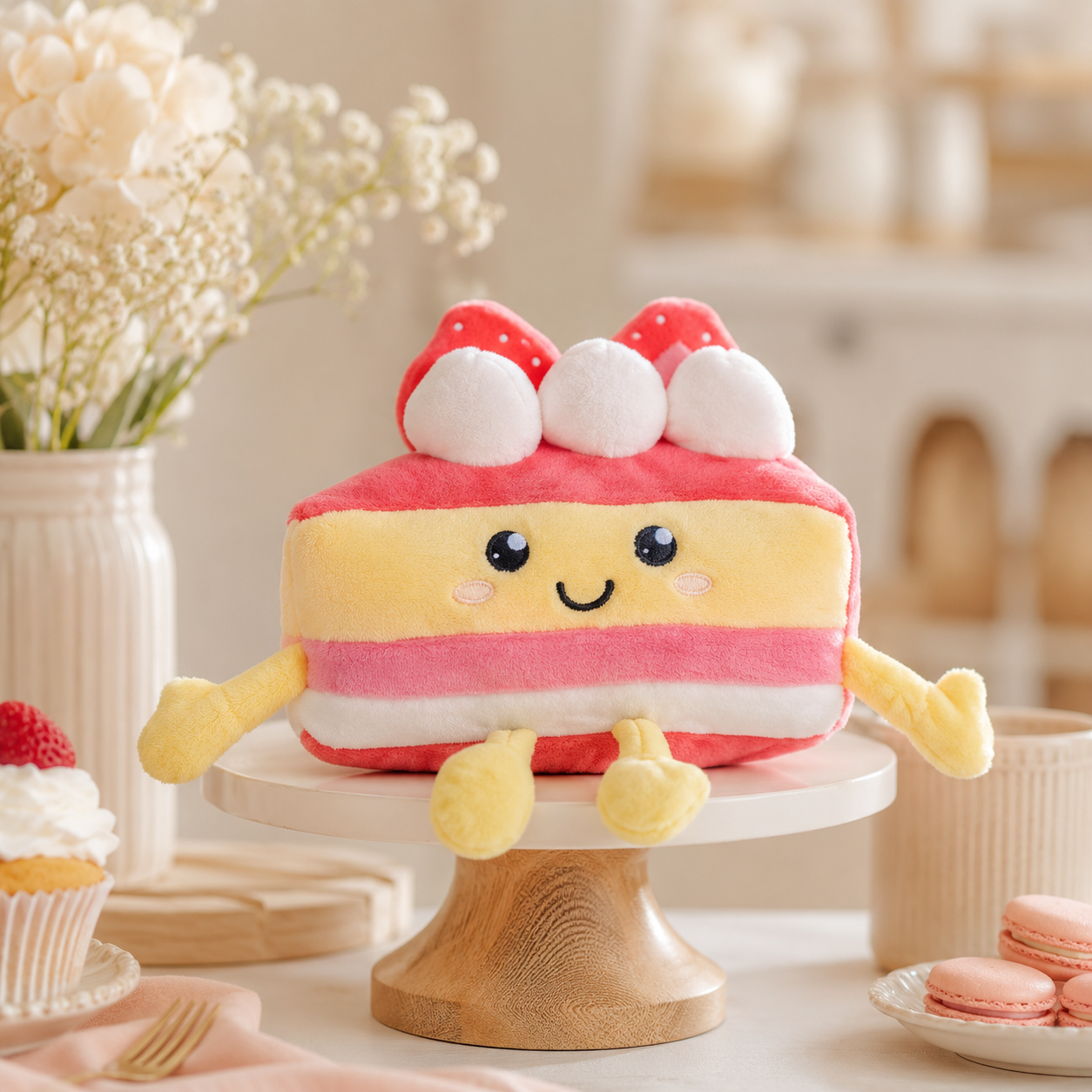 Strawberry Cake Besitos plush toy displayed on a wooden cake stand in a softly styled pastel kitchen with sweet treats and warm neutral décor Plushies South Africa