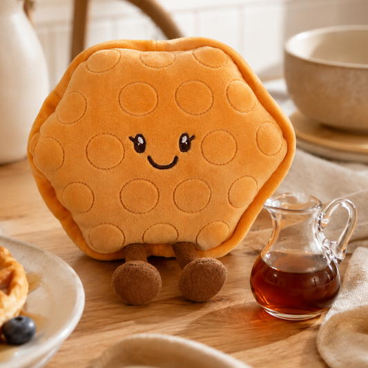 Waffle Besitos plush toy displayed on an oak breakfast table beside a real waffle, blueberries and maple syrup in a warm kitchen setting Plushies South Africa
