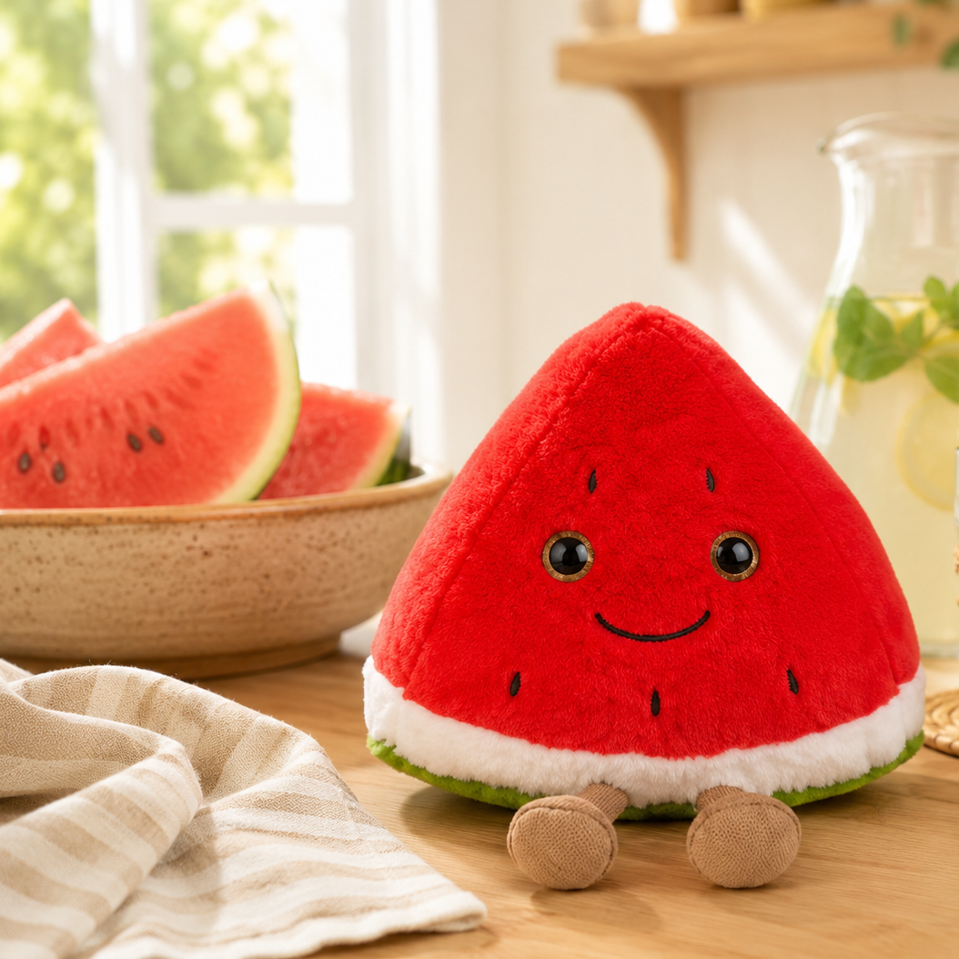 Watermelon Besitos plush toy displayed on an oak kitchen table beside fresh watermelon slices and homemade lemonade in a bright Scandinavian-inspired summer kitchen Plushies South Africa